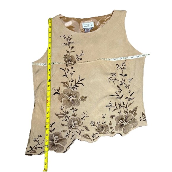 Y2K Adrianna Papell Silk Linen Floral Embroidered Tan Top Women’s Asymmetric 16 - Picture 5 of 5